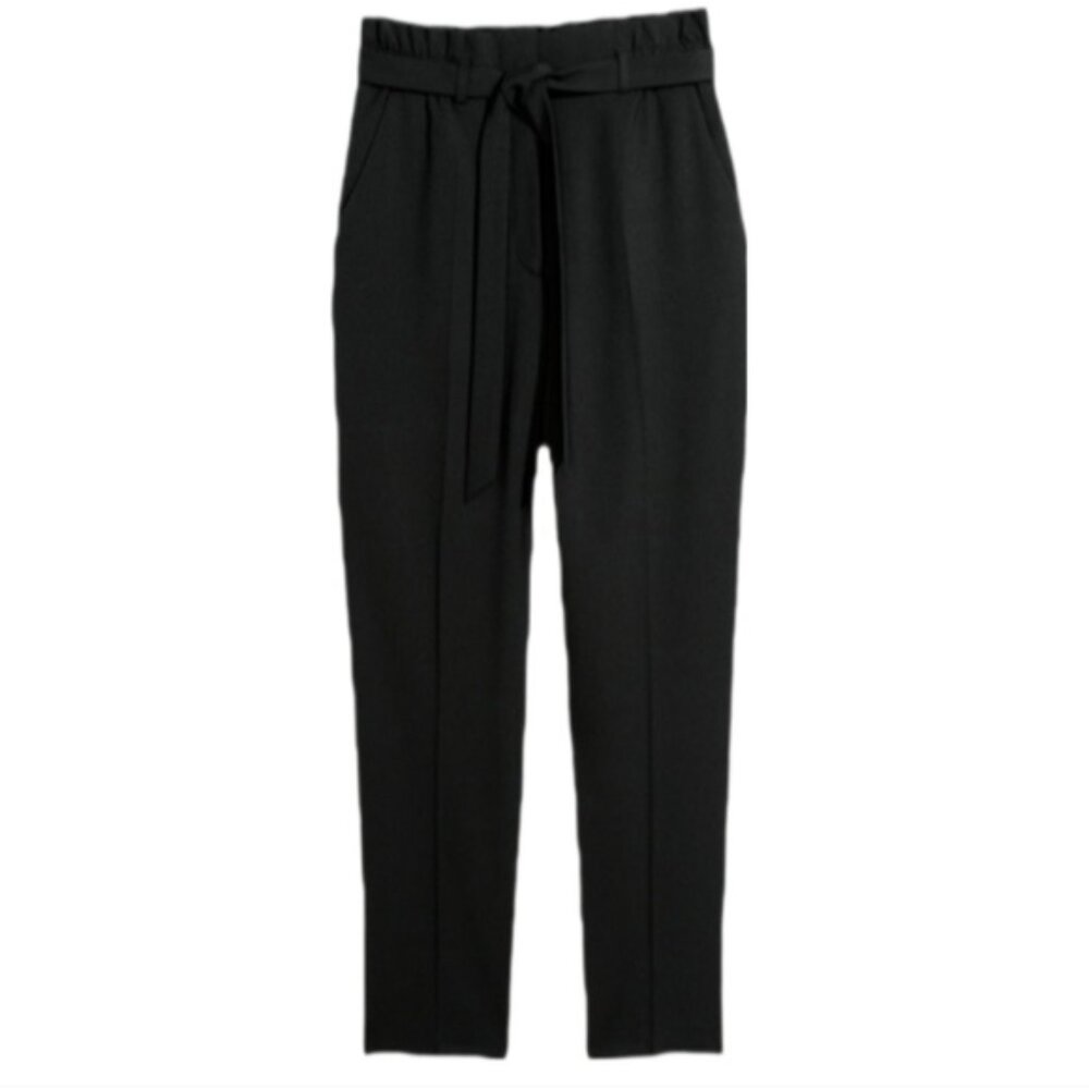 H&M High Waist Paperbag Pants Relaxed Belted Tapered Black Womens Size 4